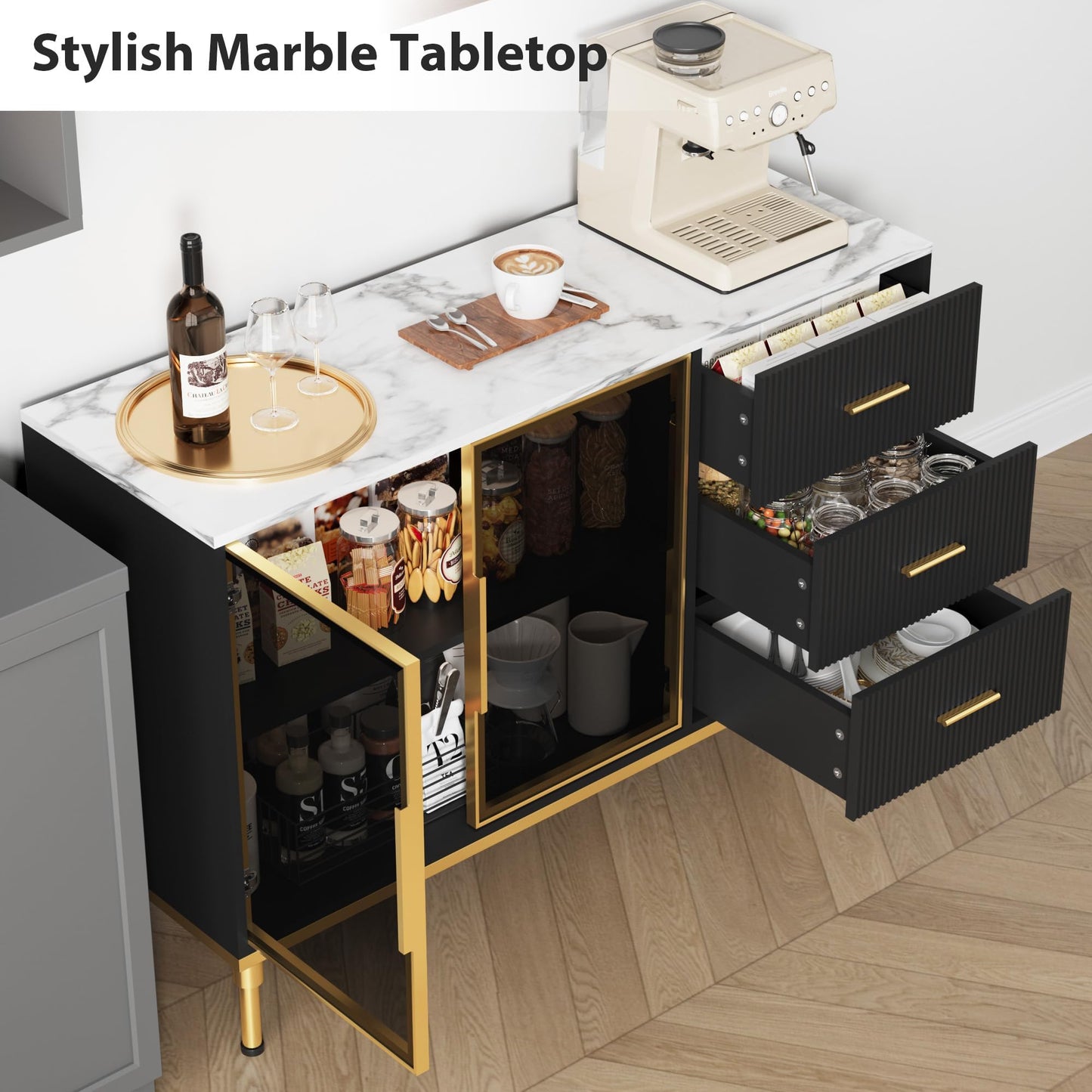 IDEALHOUSE Fluted Sideboard Cabinet, 46.4" Modern Sideboard Buffet Cabinet with 3 Drawers, 2 Glass Doors, Faux Marble Tabletop, Adjustable Shelves for Kitchen, Dining Room, Black