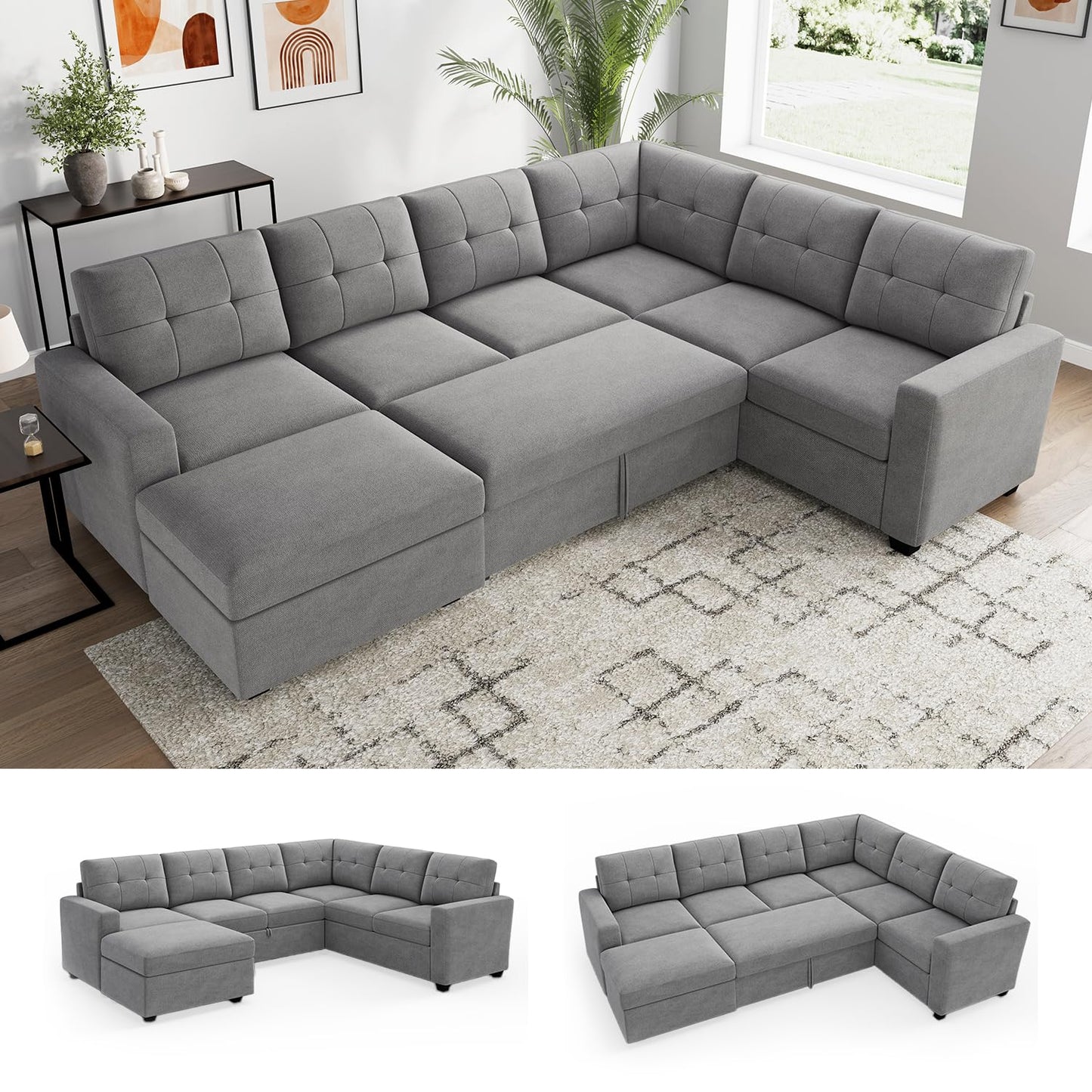 HONBAY Sectional Sleeper Sofa with Pull Out Bed, Convertible 7 Seaters U Shaped Sectional Couch for Living Room, Grey