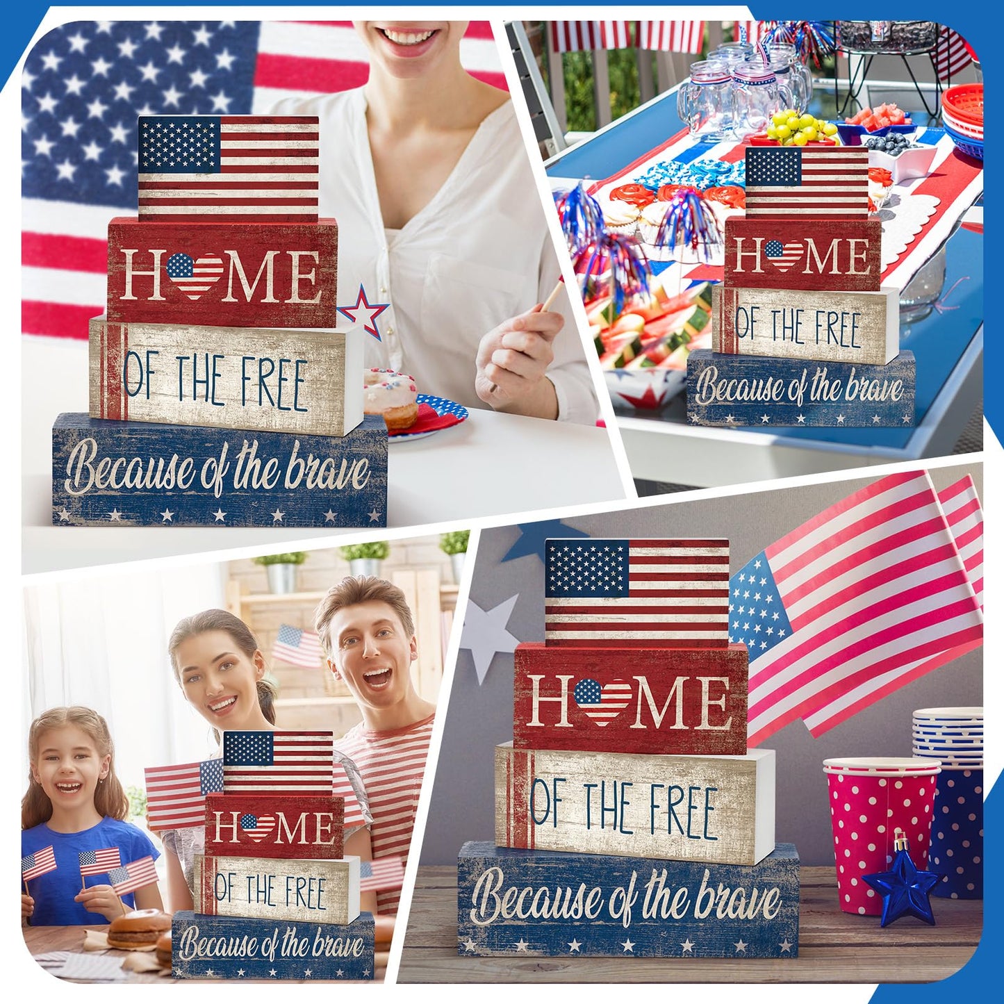 CroBlissful 4 Pcs 4th of July Decorations Patriotic Memorial Day Tabletop Decorations Red White Blue Table Centerpieces Sign for Office Tiered Tray Home Shelf 250th Anniversary(Flag)