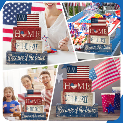 CroBlissful 4 Pcs 4th of July Decorations Patriotic Memorial Day Tabletop Decorations Red White Blue Table Centerpieces Sign for Office Tiered Tray Home Shelf 250th Anniversary(Flag)