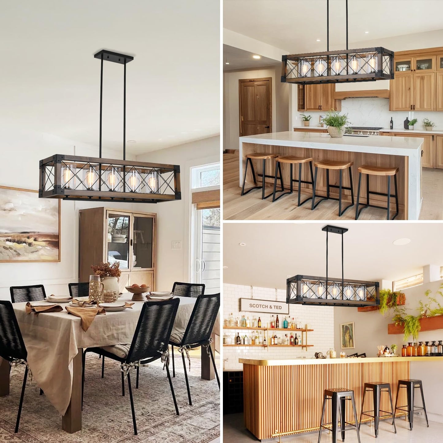 WJShome 35" Farmhouse Chandelier, 5-Light Kitchen Island Lighting, Modern Rectangular Dining Room Light Fixture, Rustic Wooden Chandeliers, Linear Pendant Light, with Clean Glass Shade