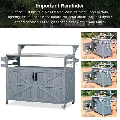 Amposei Outdoor Grill Table Cart 53.3-Inch Solid Wood Garden Patio Rolling Bar Storage Cabinet Kitchen Island with Stainless Steel Top & Lockable Wheels for Food Prep and BBQ, Grey Blue