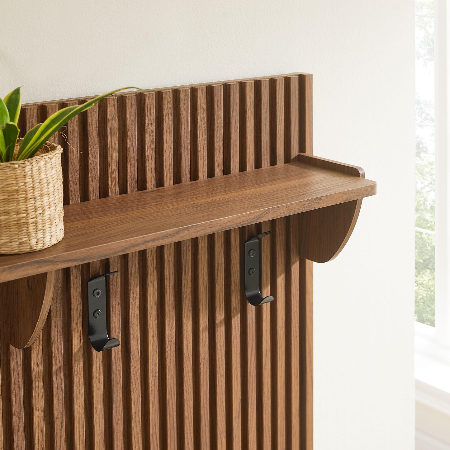 Modway Soma 3-in-1 Hall Tree in Walnut with Rattan Storage Bench and Fluted Coat Rack – 2-Piece Entryway Storage Set with Hooks, Shelf, and Bench