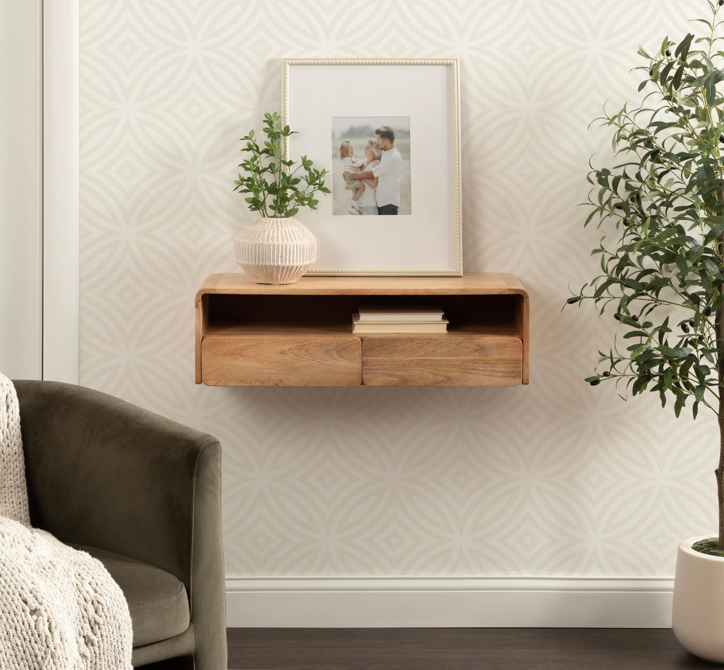 Kate and Laurel Kato Modern Floating Console Table for Entryway, 30 x 10 x 9, Natural Wood, Decorative Transitional Floating Entryway Table with Storage Drawers for Living Room Storage Wall Shelf
