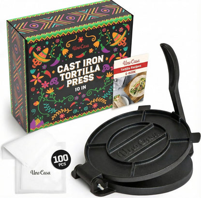 Uno Casa Cast Iron Tortilla Press 10 Inch - Tortilla Maker Press, Pre-Seasoned Roti Maker with 100 Pcs Parchment Paper - Heavy Duty Quesadilla Maker for Homemade Flatbreads, Rotis, Empanadas
