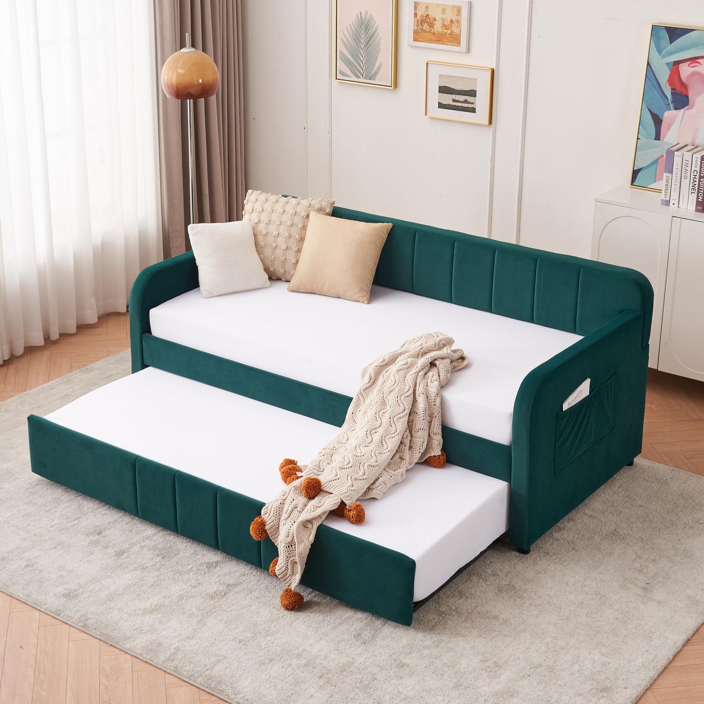 Ball & Cast Twin Size Daybed with Pop up Trundle,Velvet Upholstered Day Bed Frame with Channel Tufted Backrest,Extendable Trundle Bed with USB Port & Side Pocket,Twin to King Design,Emerald