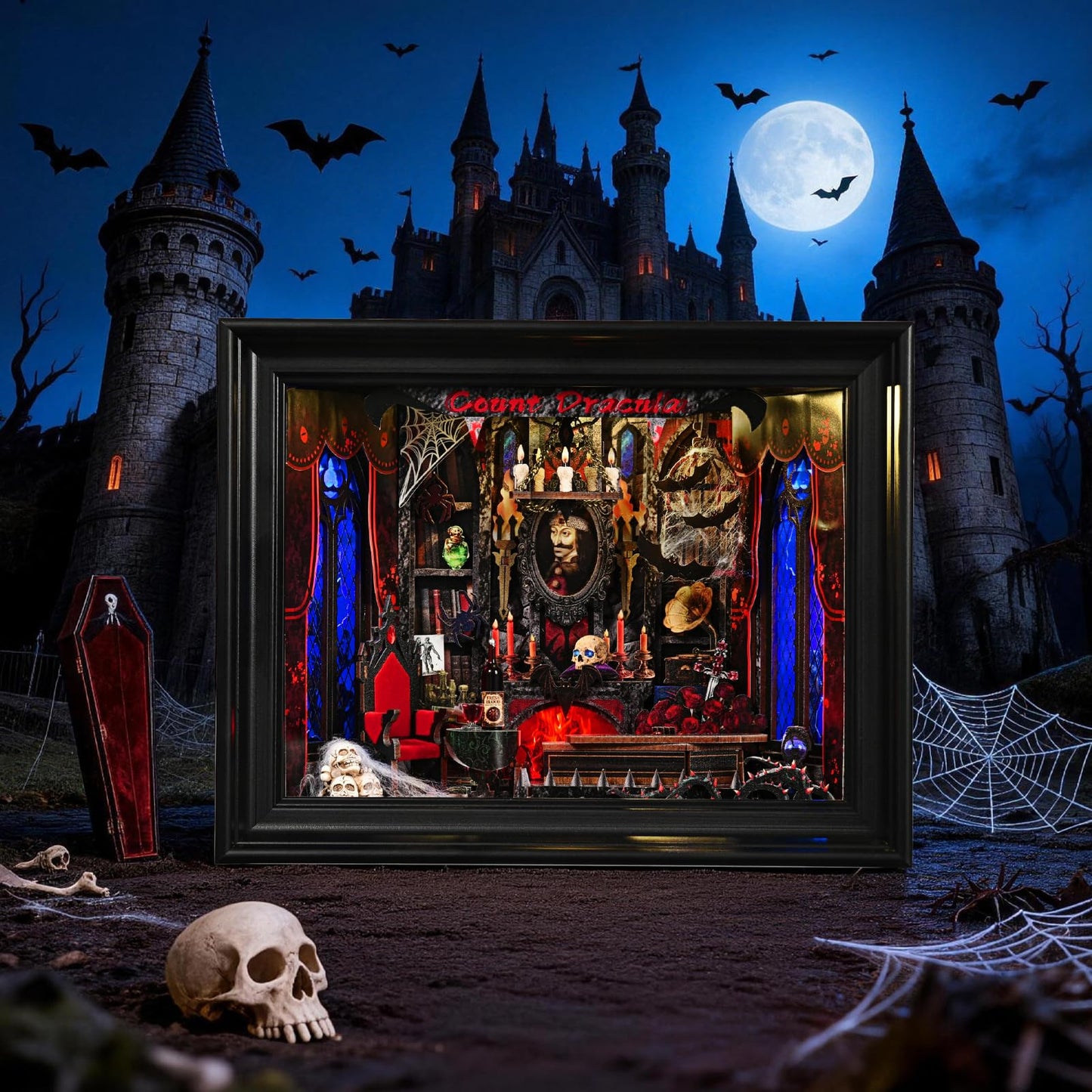 ETKVR Book Nook Kit, Picture Frame Booknook, Wall Mounted Miniature Dollhouse Kit, DIY 3D Wooden Puzzle for Home Bookshelf Decoration - Vampire Count Dracula