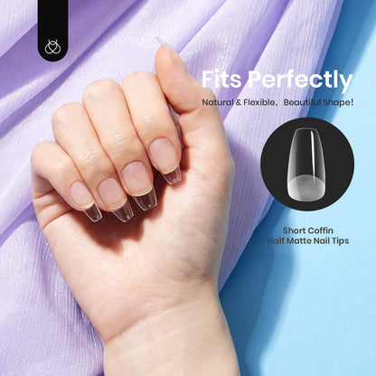 Beetles Gel Nail Kit Short Almond, 240Pcs Easy Nail Extension Set Shaped Clear Tips with 5 in 1 Nail Glue Base & Top Coat and Mini UV Lamp, Nail Tips Art Acrylic Nail Kit Gifts for Women
