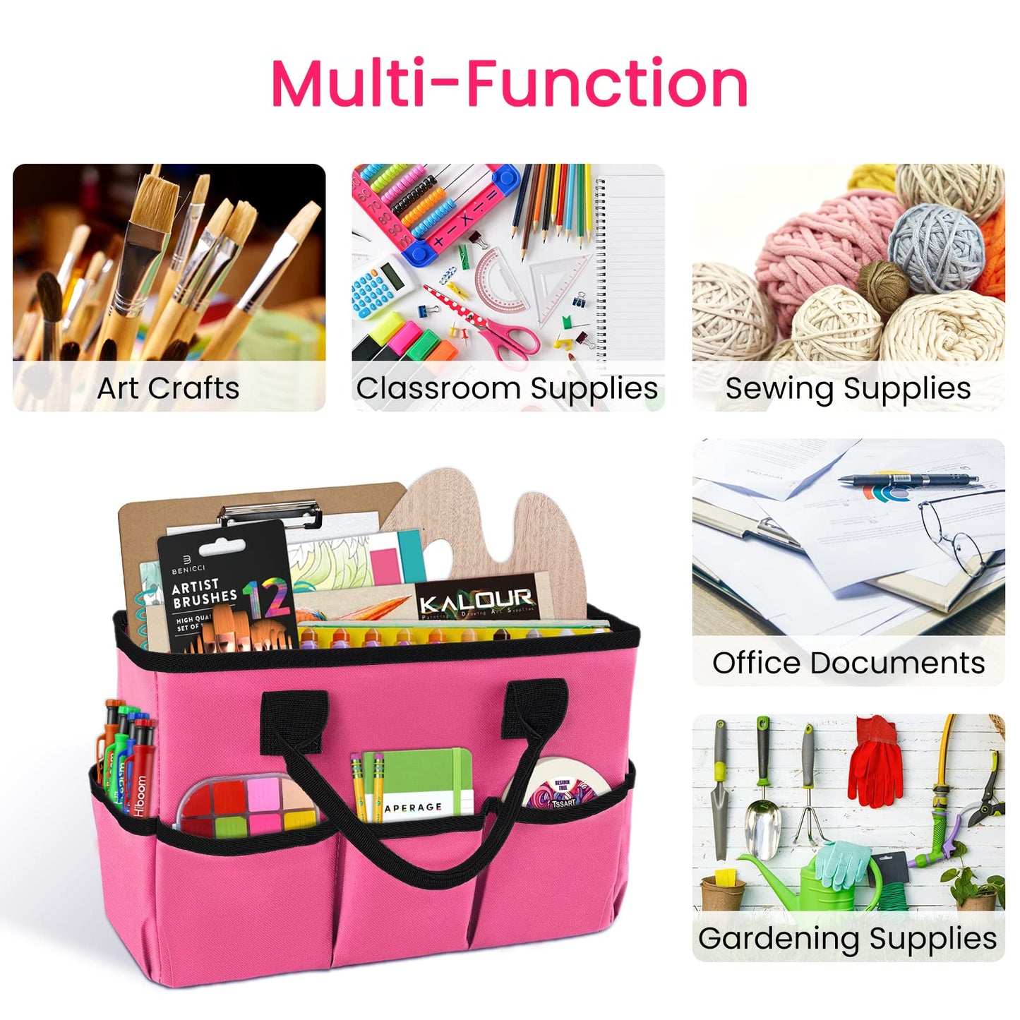 Godery Desktop Tote and Organizer, Teacher Helper Caddy Bag for Arts, Books, Stationery, Office Desk Organization, Make-up Storage with Handles for Travel, Pink