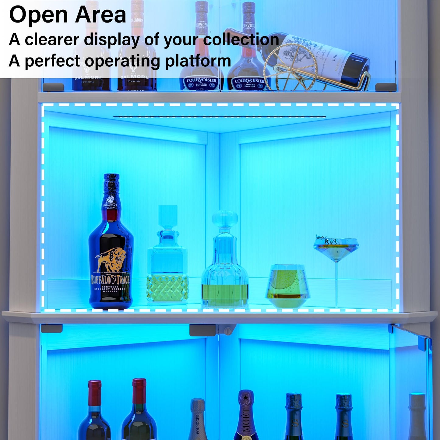 kepptory 71.6" Corner Display Cabinet with LED Lights, 5-Tier Tall Curio Cabinet with Adjustable Glass Shelves&Glass Door, Wine Cabinet for Living Room, Home Bar (White, 25.2''x21.6''x71.6'')