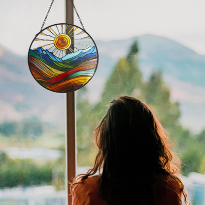 ZZHAOYI Sun Mountains Stained Glass Window Hanging, 7.9'' Sun Catchers Indoor Window Boho Wall Art Decor with Chain, Hand Painted Sun Catcher Gifts for Couples, Women
