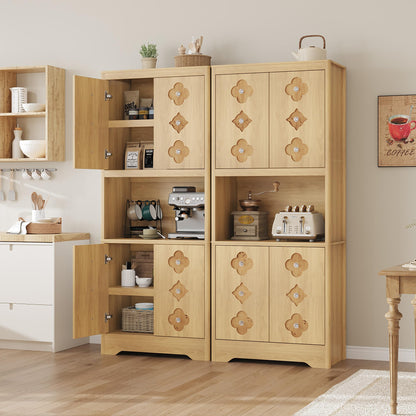 GarveeHome 72" Tall Pantry Cabinet with Carved Door, Kitchen Storage Cabinet with Shelf for Microwave, Freestanding Wooden Cupboard with Crystal Handle, for Dining Living Room, Light Oak