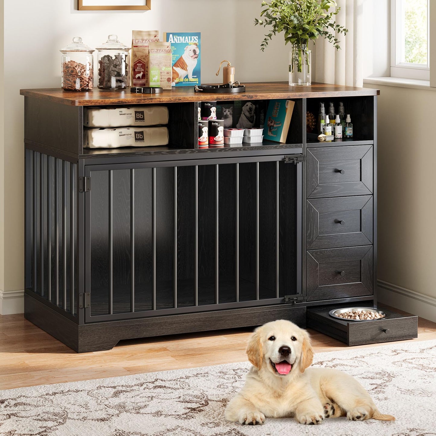 GarveeLife 48'' Dog Crate Furniture, Farmhouse Heavy Duty Dog Kennel with Bowl & Storage Drawers, Medium Dog Cage End Table for Small Medium Dogs, Black