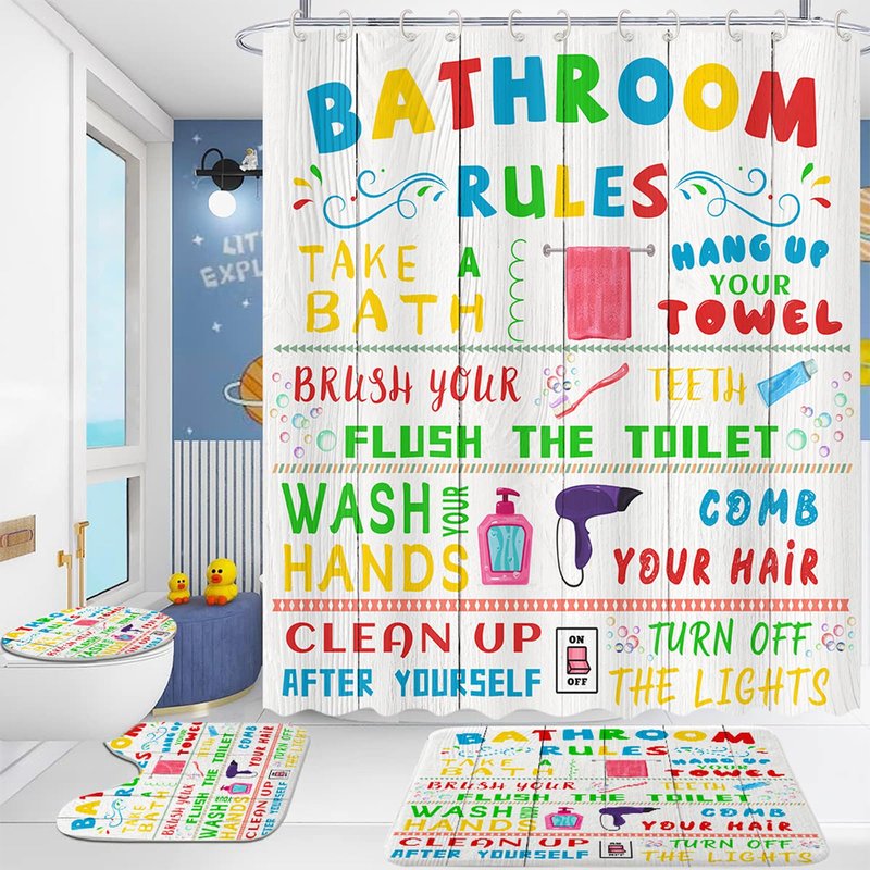 4 Pcs Kids Shower Curtain Sets, Funny Teen Boy Girl Bathroom Sets with Non-Slip Rugs and Accessories, Cute Colorful Bathroom Rules Fabric Toilet Lid Cover and Bath Mat, Shower Curtain with 12 Hooks.