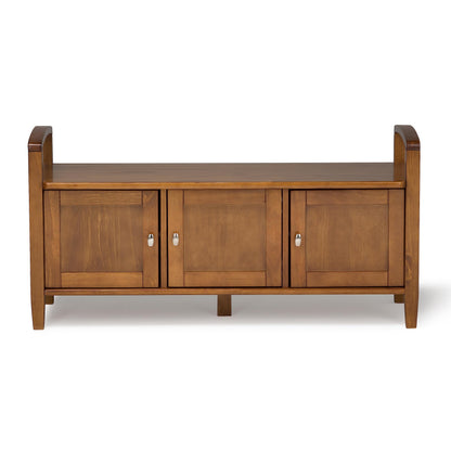 SIMPLIHOME Warm Shaker Entryway Storage Bench - 44 inch Wide Solid Wood Storage Seat in Light Golden Brown, Transitional Bench Seat for Mudroom or Living Room with Lift-Up Lid and Shaker-Style Panels