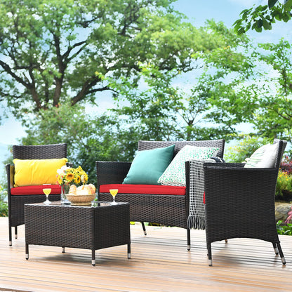 COSTWAY 8PCS Rattan Patio Furniture Set, Outdoor Wicker Rattan Chairs with Coffee Table, Rattan Cushioned Conversation Set for Backyard Balcony Porch Poolside, Red
