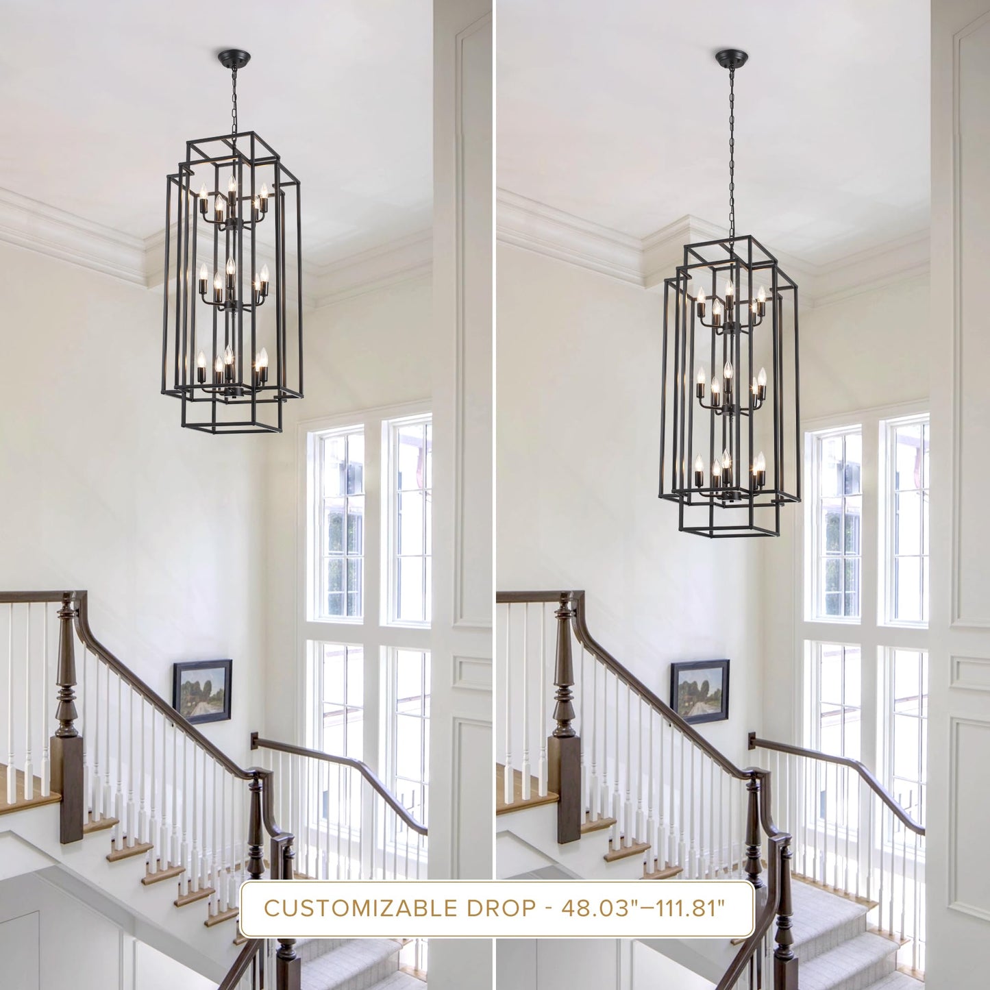 Xuridongsheng 15-Light Lantern Chandelier for Foyer Large Black High Ceiling Chandelier with 3-Tier Candle Design, Modern Farmhouse Entryway Lighting Fixture for Staircase, Two Story Living Room, E12