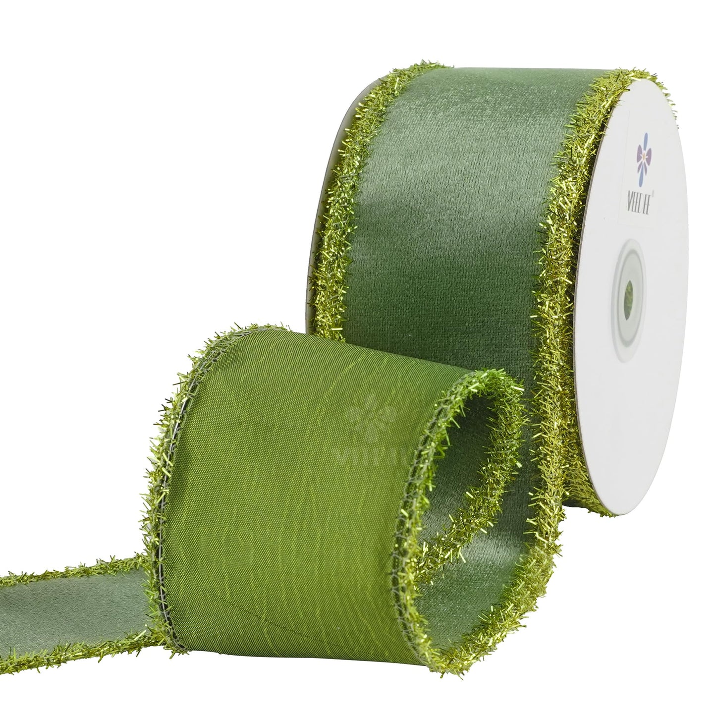 MEEDEE Moss Green Velvet Gold Tinsel Edge Ribbon 2.5 Inch Christmas Metallic 10 Yards Spool for Tree, Garlands, Wreaths, Bows, Tree Toppers, Crafts