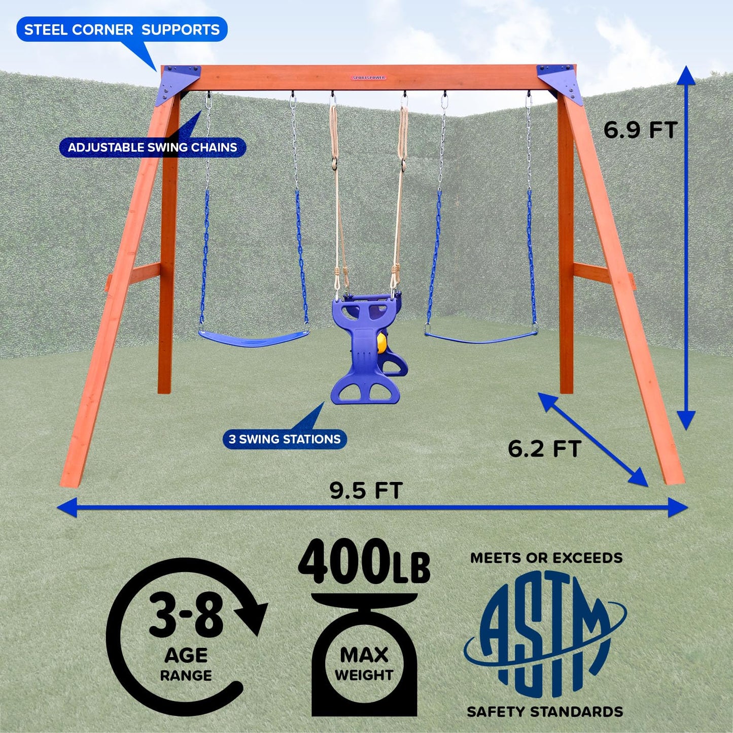 Sportspower Madison Cedar Wooden Swing Set: 2 Height Adjustable Swings and 2 Person Roman Glider Swing, Backyard Outdoor Playset for Kids