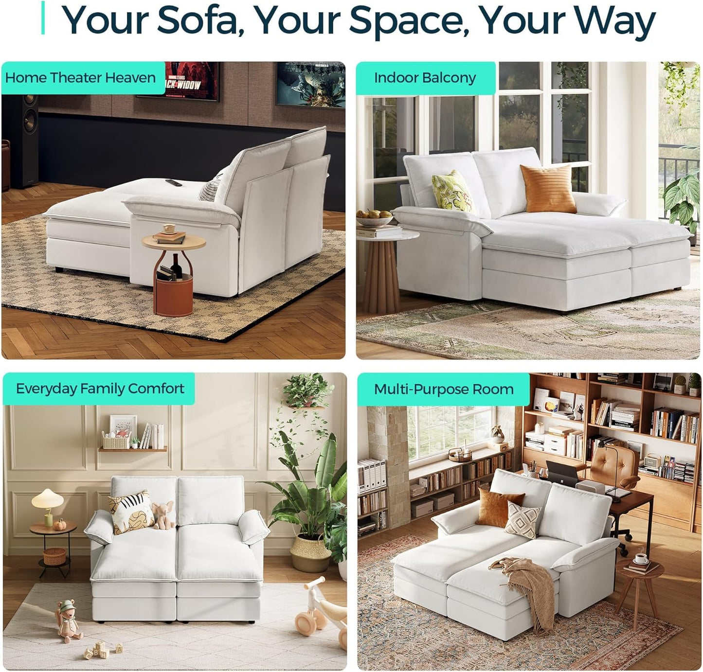 LINSY HOME Modular Sofa Chaise Lounge, 65" Cloud Sofa Bed Lounge with Armrests, Chenille Sleeper Sofa for Living Room, Apartment, Home Theater, Beige