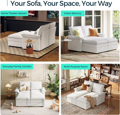 LINSY HOME Modular Sofa Chaise Lounge, 65" Cloud Sofa Bed Lounge with Armrests, Chenille Sleeper Sofa for Living Room, Apartment, Home Theater, Beige