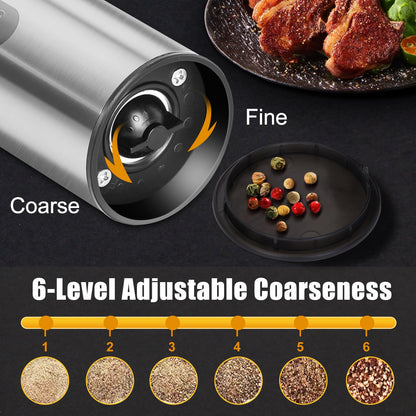 Enutogo Salt and Pepper Grinder Set, Electric Salt Pepper Shakers with Adjustable Coarseness, Automatic Salt Mill Grinder, Rechargeable Salt Grinder Refillable, One-Hand Operation with LED Light (2)