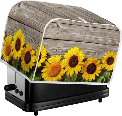 Sunflower Wood Board Toaster Cover, Quilted Polyester for Four Slice Dust Protection with Top Handle