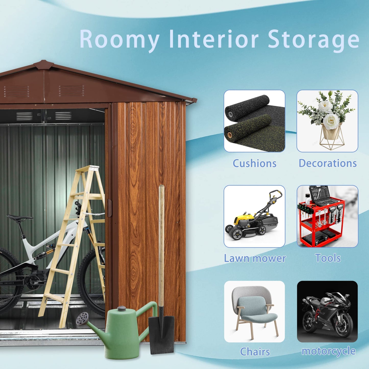 6 x 6 Ft Outdoor Metal Storage Shed with Woodgrain & Side Window, Accent Garden Shed w/Air Vents, Floor Base and Lockable Sliding Doors, Utility Tool Storage House for Backyard Lawn,Brown