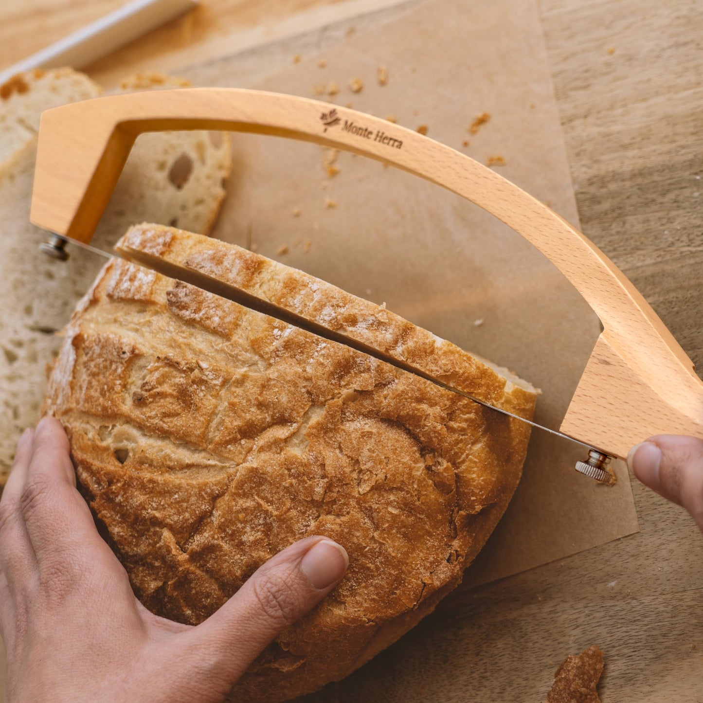 MonteHerra Bread Knife for Homemade Bread - 17-inch Wooden Sourdough Bread Knife - Unique Bow Design - Stainless Steel Serrated Blade - Perfect for Homemade Bread, Baguettes and More