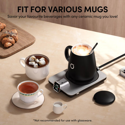 Coffee Mug Warmer Set, Temperature Control Smart Heated Mug for Desk, Electric Coffee Warmer with Auto Shut Off & Real-Time Temp Display, Gifts for Men Women, 15oz, Beige