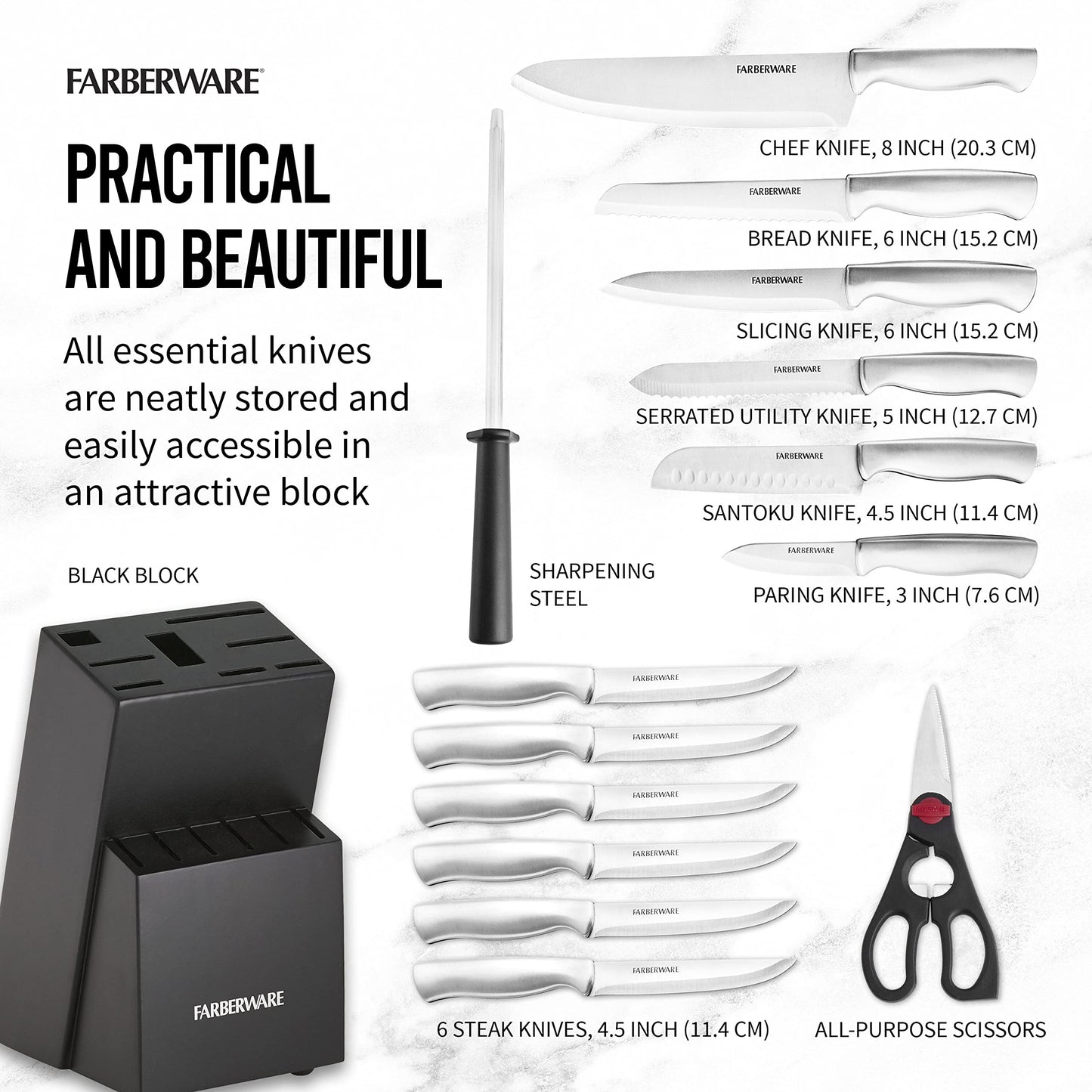 Farberware Juego de cuchillos de acero Inoxidable con sello bloque de 15 piezas