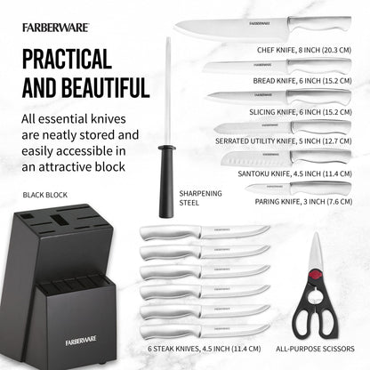 Farberware 15-Piece Kitchen Knife Set, High-Carbon Stainless Steel Blades with Wood Block, Steak Knives, Sharpening Tool & All-Purpose Shears, Razor Sharp, Ergonomic Stainless Steel Handles