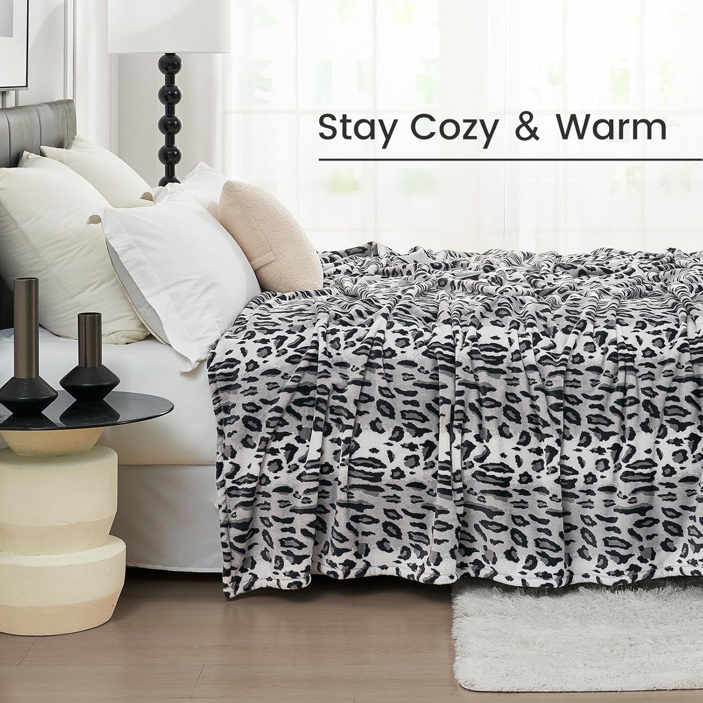 Cozy 90"*90" Bliss Leopard Print Fuzzy Throw Blanket for Bed & Couch, Thick Soft Warm Fleece Blankets for Room Decor
