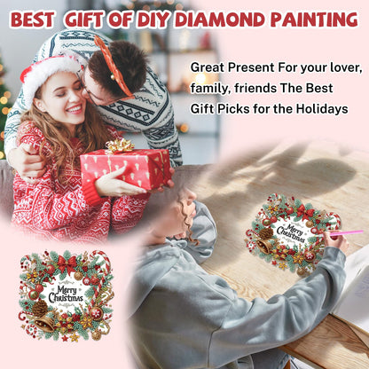 Bowetile Merry Christmas Diamond Art Hanging Wreath Kits for Adults, Diamond Art Suncatchers, 5D Special Shape Diamond Painting Pendant Window Ornament Christmas Gifts for Home Door Wall Decor