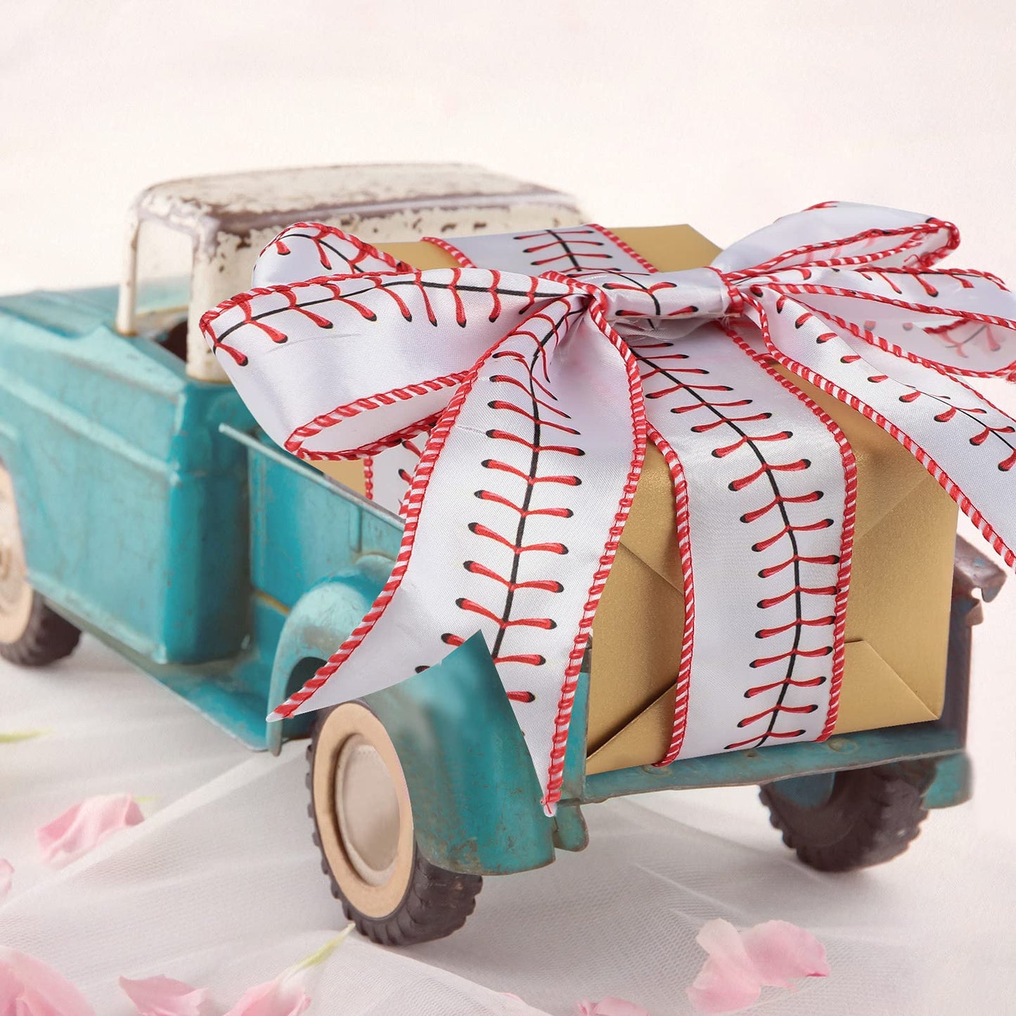 2 Rolls 20 Yards Baseball Ribbons Red White Wired Edge Fabric Ribbons 1.5 Inch Sport Stitching Satin Wired Ribbon for Present Wrapping DIY Crafts Decoration