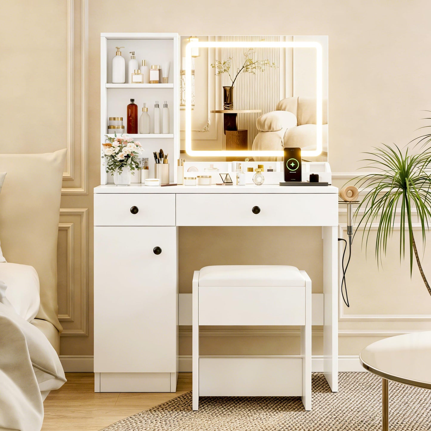 KAMABOKO Vanity Desk with Mirror and Lights, Makeup Vanity Table with Drawers & Shelves, Power Outlet, Dressing Table with Jewelry Storage for Bedroom (007 White)