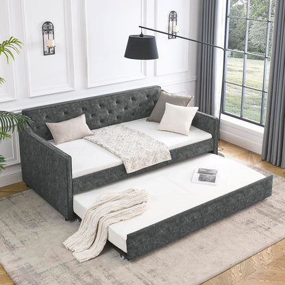 KEIKI Twin Size Upholstery Daybed with Twin Size Trundle and Headboard, Mid-Century Style Tufted Sofa Bed with Waved Arms, Easy Assembly, No Box Spring Required, for Living Room, Grey