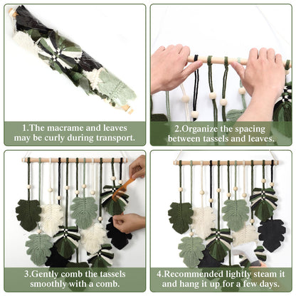 KHOYIME Macrame Wall Hanging Boho Home Decor, Bohemian Leaves Woven Yarn Tapestry Chic Aesthetic Wall Art Modern Handmade Leaf Hanging Decoration for Bedroom Living Room Nursery Office 15.7''W x 20''L
