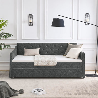 KEIKI Twin Size Upholstery Daybed with Twin Size Trundle and Headboard, Mid-Century Style Tufted Sofa Bed with Waved Arms, Easy Assembly, No Box Spring Required, for Living Room, Grey