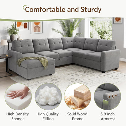 HONBAY Sectional Sleeper Sofa with Pull Out Bed, Convertible 7 Seaters U Shaped Sectional Couch for Living Room, Grey