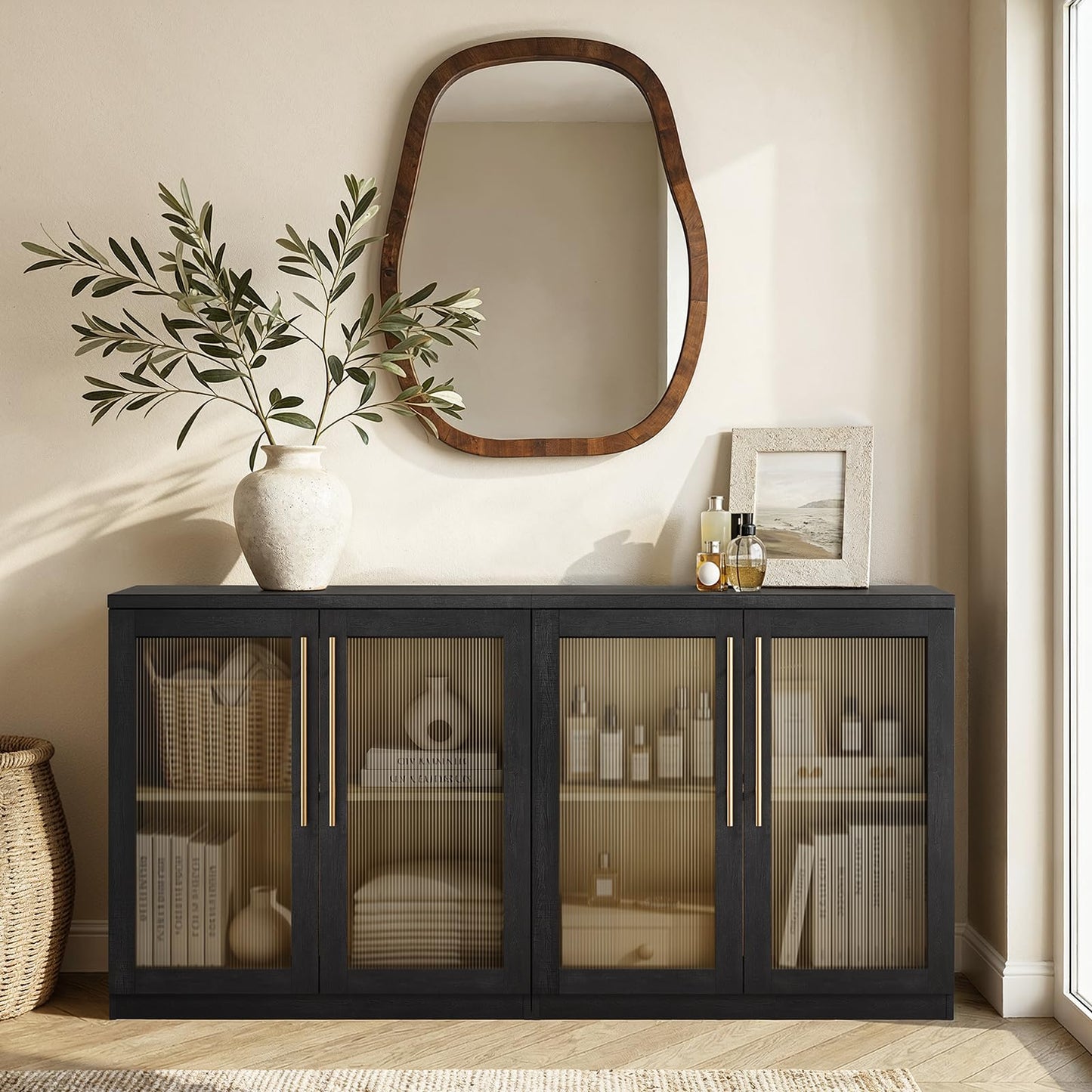 ModernMate Set of 2 Accent Sideboard Cabinets, 62" Modular Storage Buffet Table with Acrylic View Doors, Black Wood Grain Media Console with Soft-Close Hinges for Living Room, Dining Room