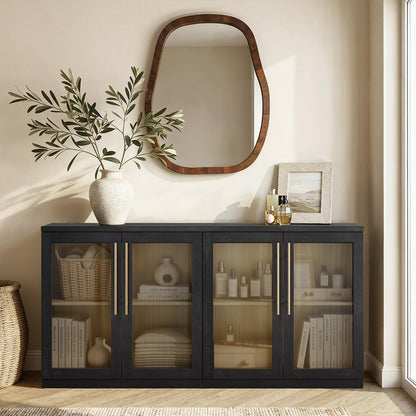 ModernMate Set of 2 Accent Sideboard Cabinets, 62" Modular Storage Buffet Table with Acrylic View Doors, Black Wood Grain Media Console with Soft-Close Hinges for Living Room, Dining Room