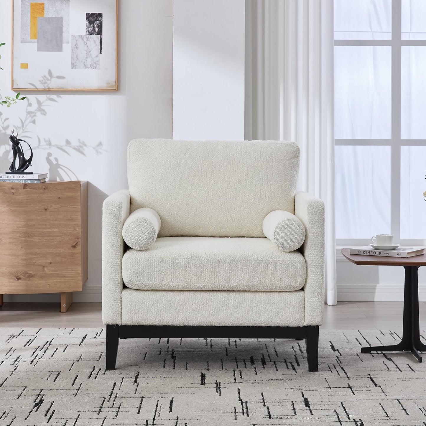 KEIKI 35.4" W Upholstered Accent Chair with 2 Pillows, Farmhouse Boucle Single Sofa with Wood Legs for Living Room & Office, Ivory and Black