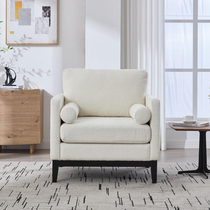 KEIKI 35.4" W Upholstered Accent Chair with 2 Pillows, Farmhouse Boucle Single Sofa with Wood Legs for Living Room & Office, Ivory and Black