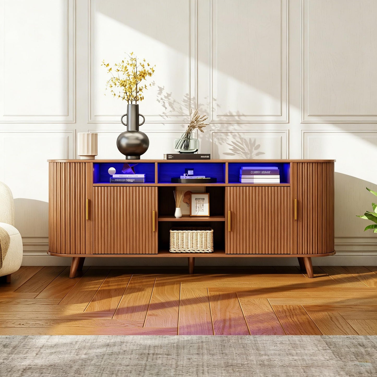 PLRSOZIM 70" Tambour TV Stand with LED Lights, Mid-Century Modern Fluted Sliding Tambour Doors, Fits up to 75" TVs, Media Console with Storage Cabinets, Entertainment Center for Living Room & Bedroom