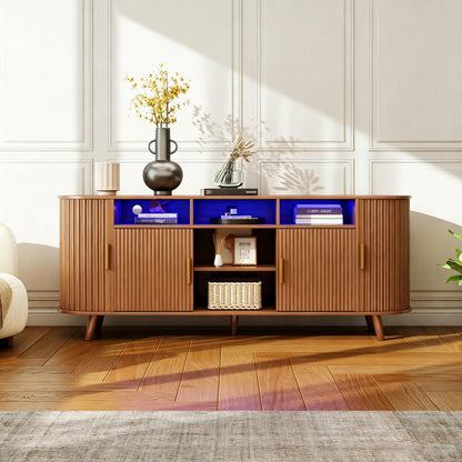 PLRSOZIM 70" Tambour TV Stand with LED Lights, Mid-Century Modern Fluted Sliding Tambour Doors, Fits up to 75" TVs, Media Console with Storage Cabinets, Entertainment Center for Living Room & Bedroom