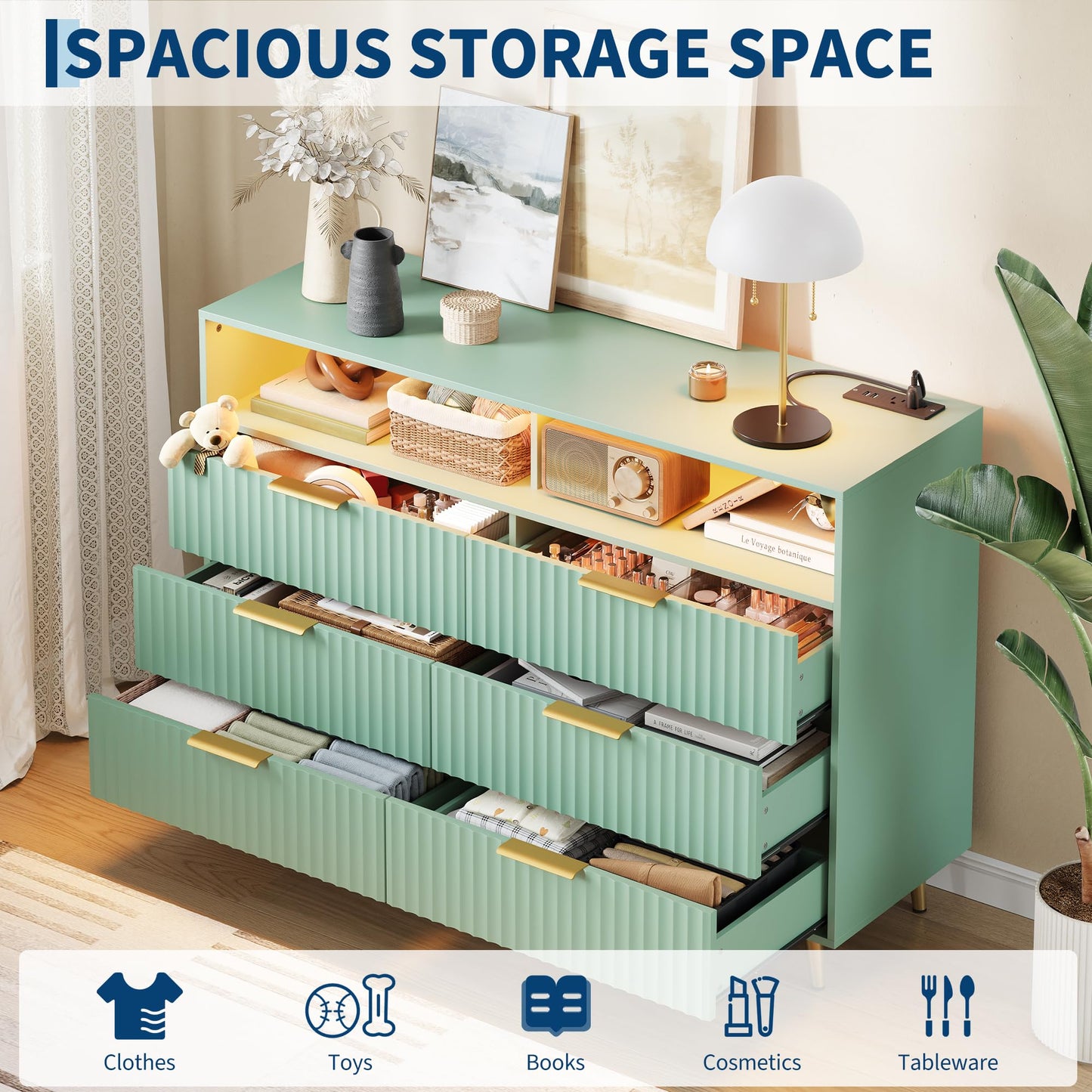 6 Drawers Dresser for Bedroom, 53.9" Wide Dressers with LED Lights and Charging Station, Curved Profile Design, Fluted Wood Drawers with Gold Handle, Modern Chest of Dressers for Living Room, Green