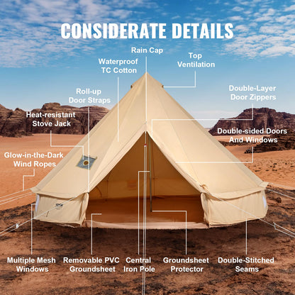 VEVOR Canvas Tent Bell Tent, 4 Seasons 7 m/22.97 ft, for Camping with Stove Jack, Family Camping Outdoor Hunting Party