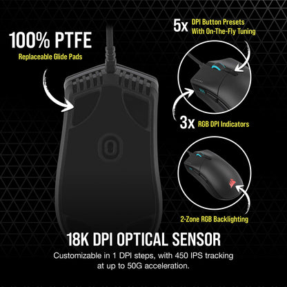 Corsair Sabre RGB PRO Champion Series FPS/MOBA Gaming Mouse - Ergonomic Shape for Esports and Competitive Play - Ultra-Lightweight 74g - Flexible Paracord Cable
