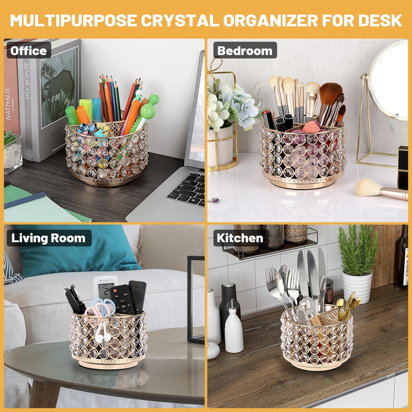BTSKY Crystal 360 Degree Rotating Desk Organizer Decorative Storage Box with 4 Compartments, Glitter Metal Makeup Brush Holder Elegant Storage Caddy Home Decor Gift for Women, Round-4 Slots Gold